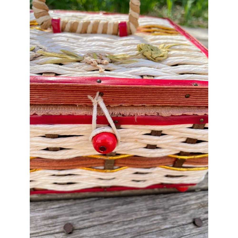 Vintage raffia straw Small Sewing Box Retro Red - Picture 8 of 15